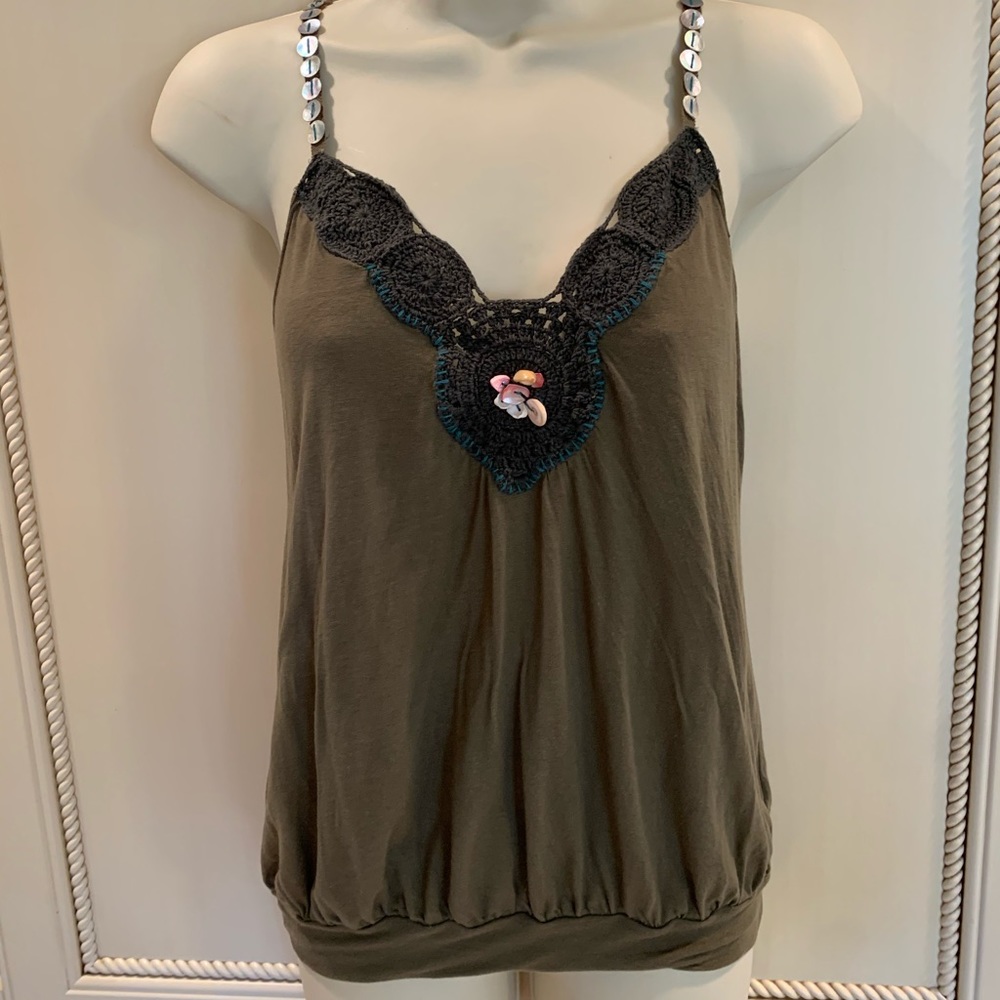 Free People Green Shell Crochet detail Tank Top XS